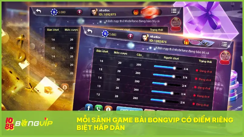 Game Bài BONGVIP - Thế giới bài ảo, chiến thắng thật 100%! 4 Mỗi sảnh Game bài BONGVIP đều có điểm riêng biệt hấp dẫn người chơi
